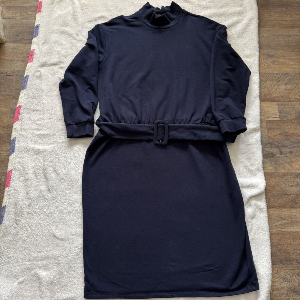 Eloquii Womenβs Size 14 Navy Blue Mock Neck Belted Midi Dress Long Sleeve Casual
